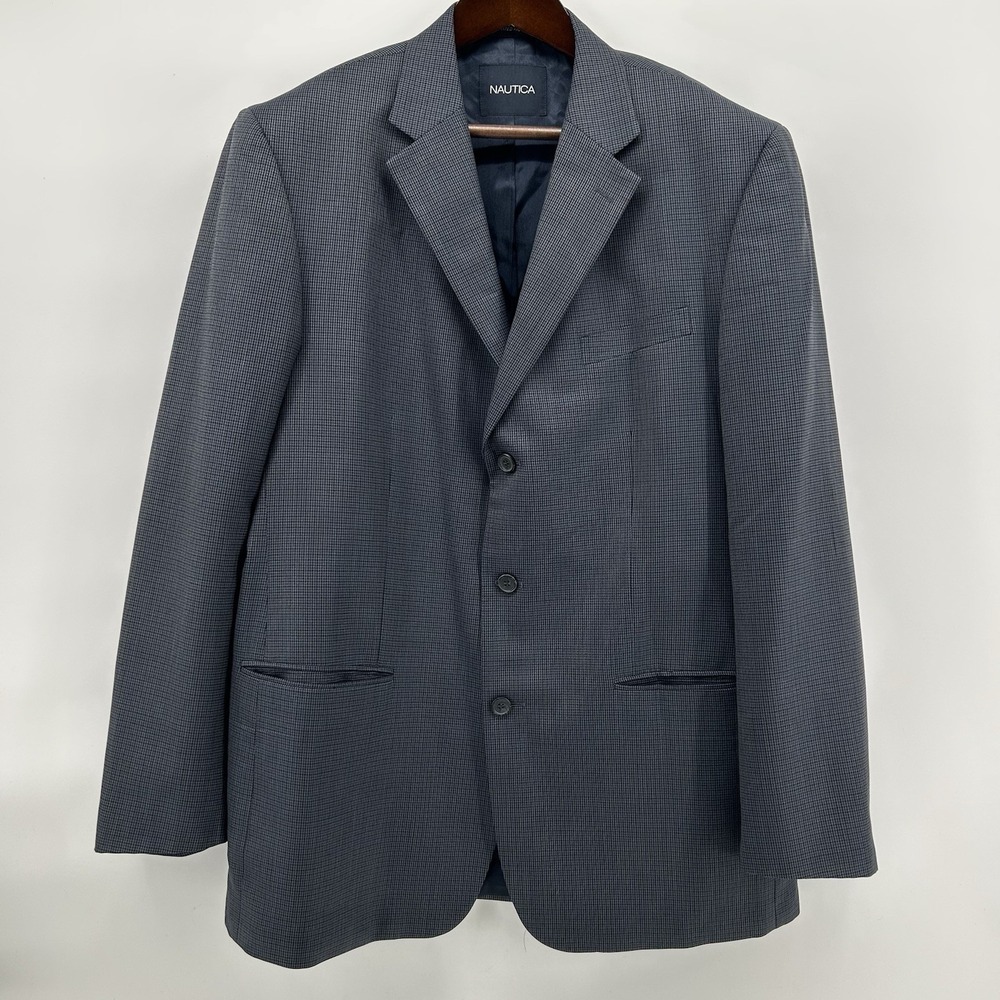 Nautica Blazer Mens 44L Blue Houndstooth Wool Sport Coat Suit‎ Jacket Classic